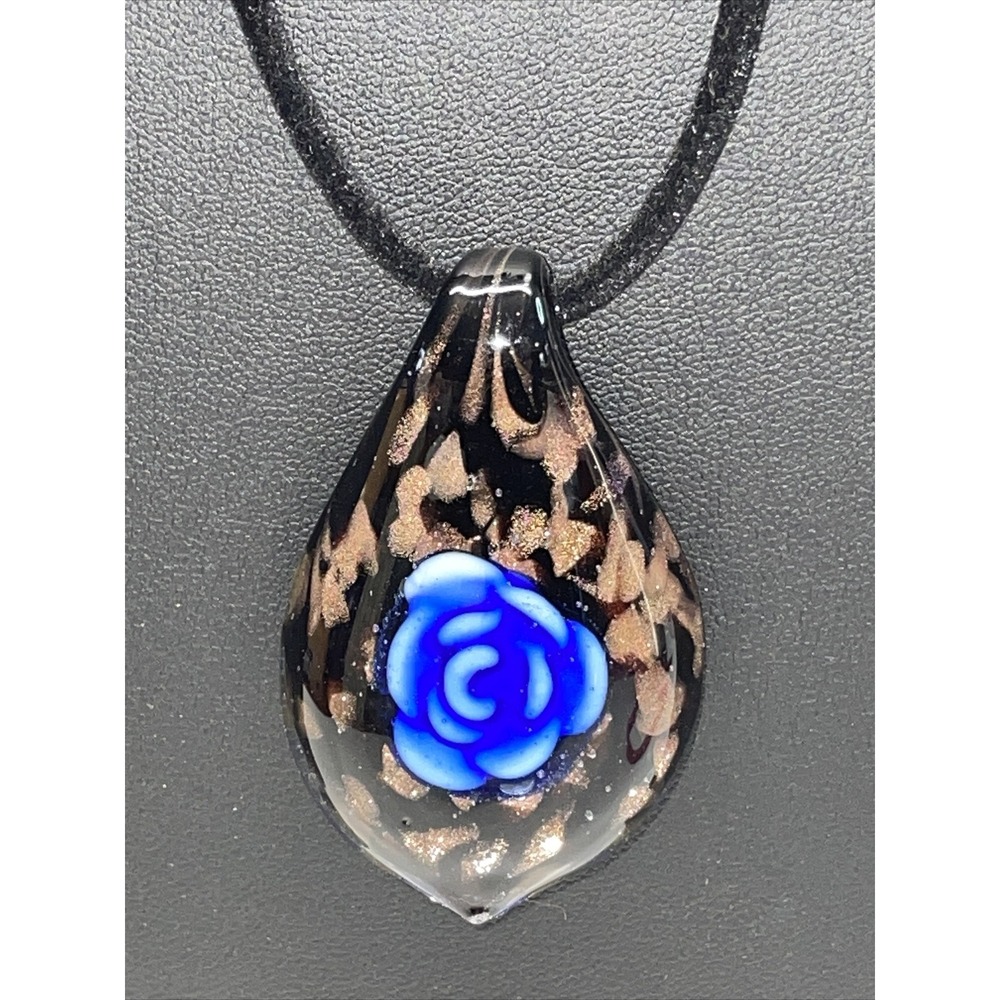 Art Glass Blue Rose Gold Tone Shimmer Floral Fused Teardrop Pendant Necklace A25